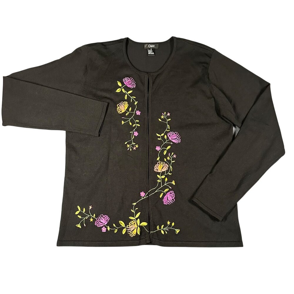 Obee‎ Womens Medium Black Silk Sweater Long Sleeve Cardigan Floral Embroidery